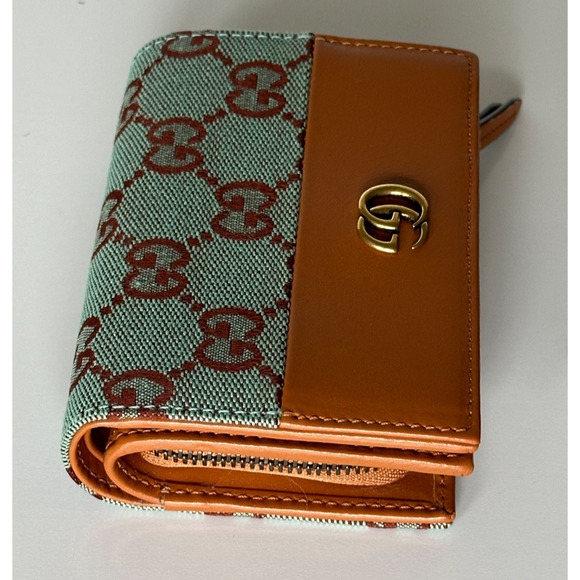 Gucci GG Leather/Canvas Compact Bifold Card Wallet Azure/Brown Italy 783121 NIB - Picture 7 of 12